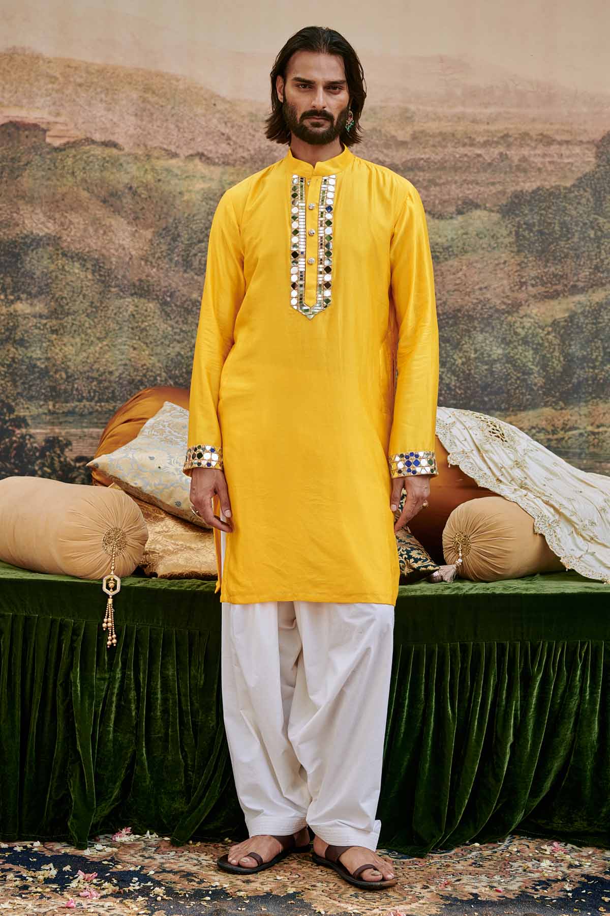 ITRH Yellow Mirror Neck Kurta & Pants for men online at ScrollnShops