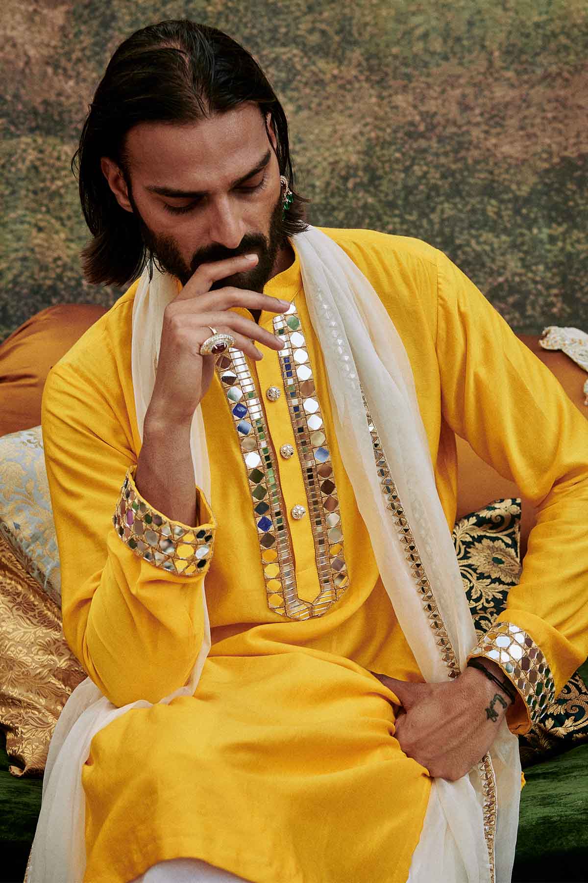 Yellow Mirror Neck Kurta Set