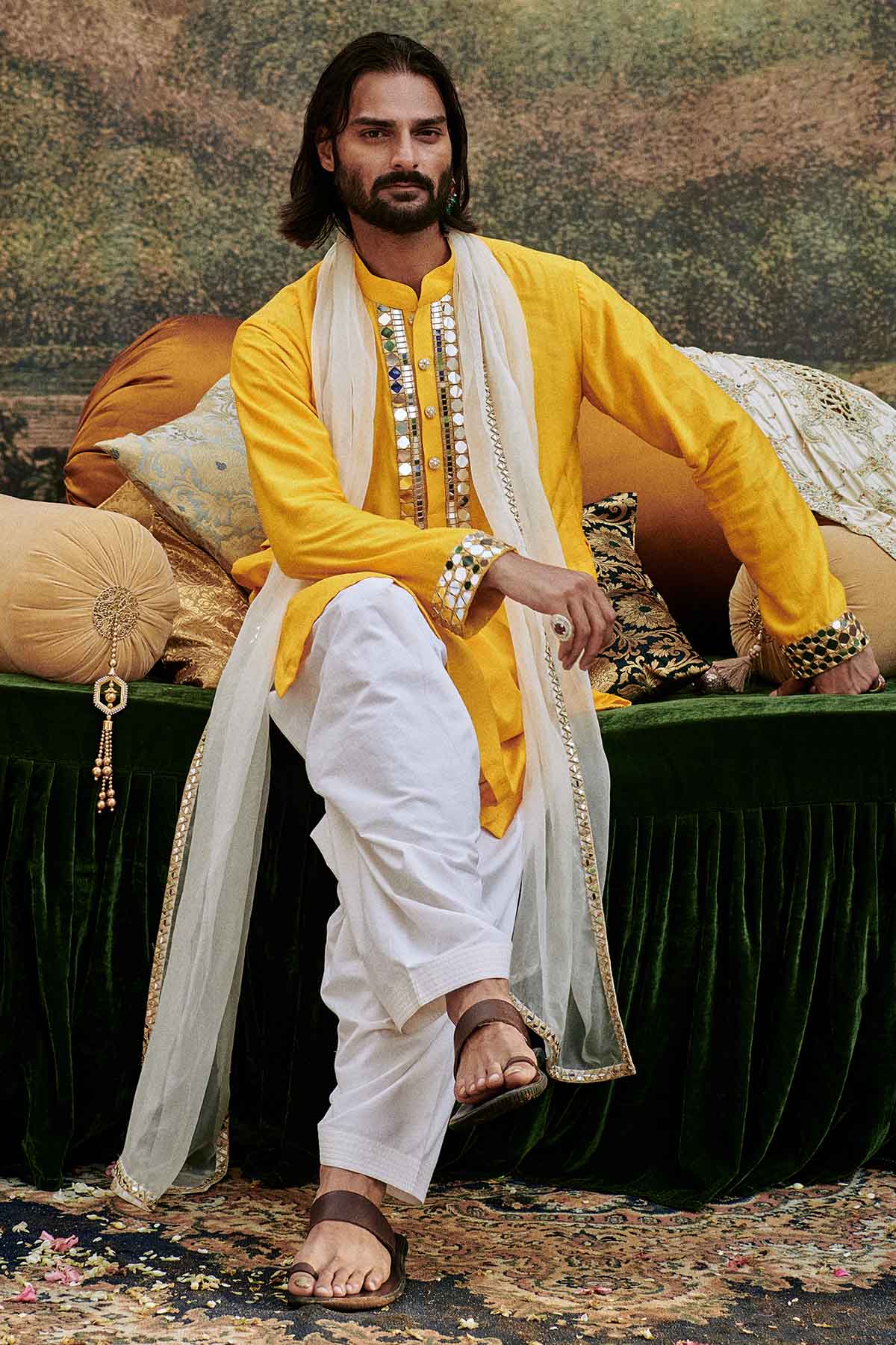 Buy ITRH, Designer Yellow Mirror Neck Kurta Set Online