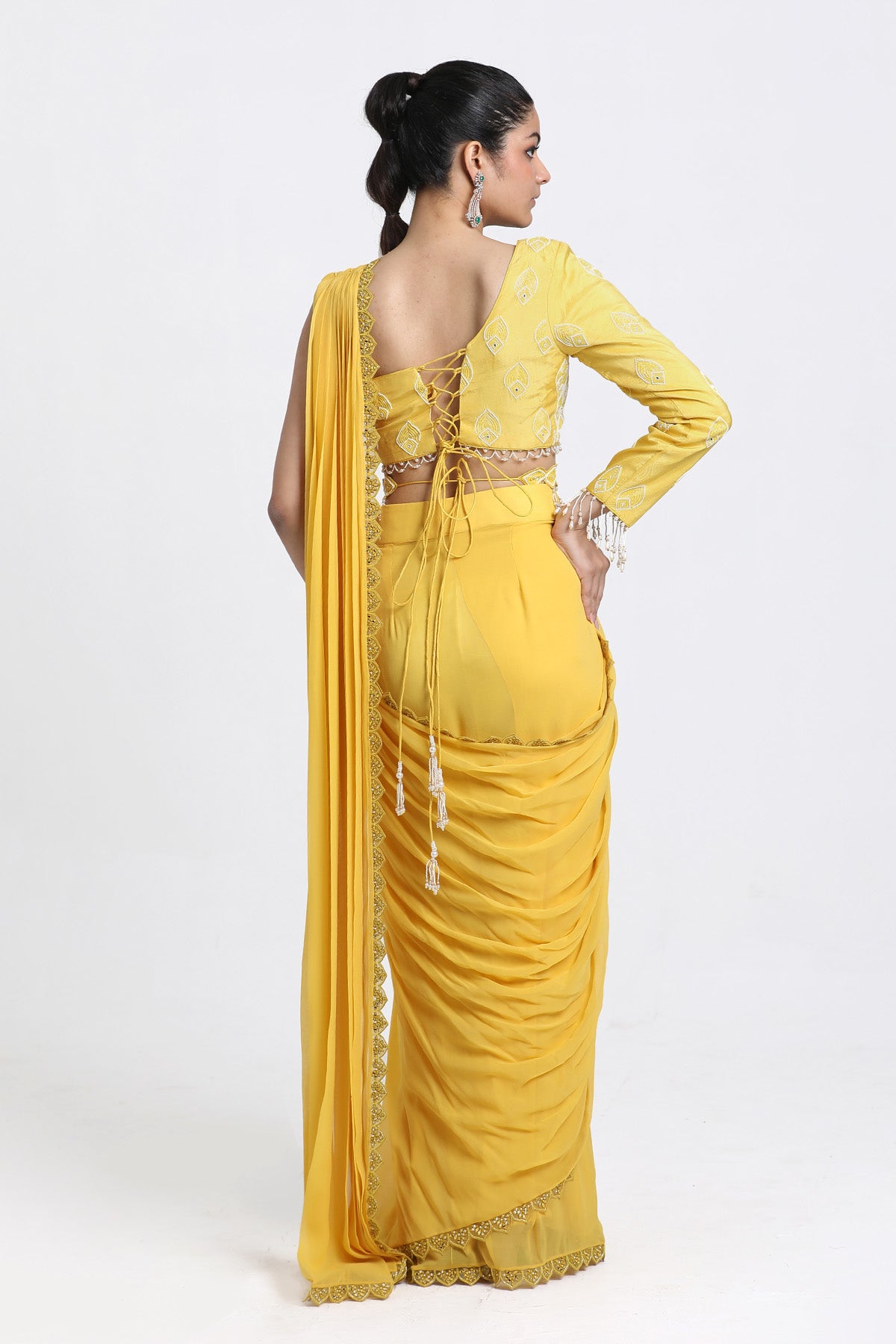 Yellow Mirror Pre-Draped Saree