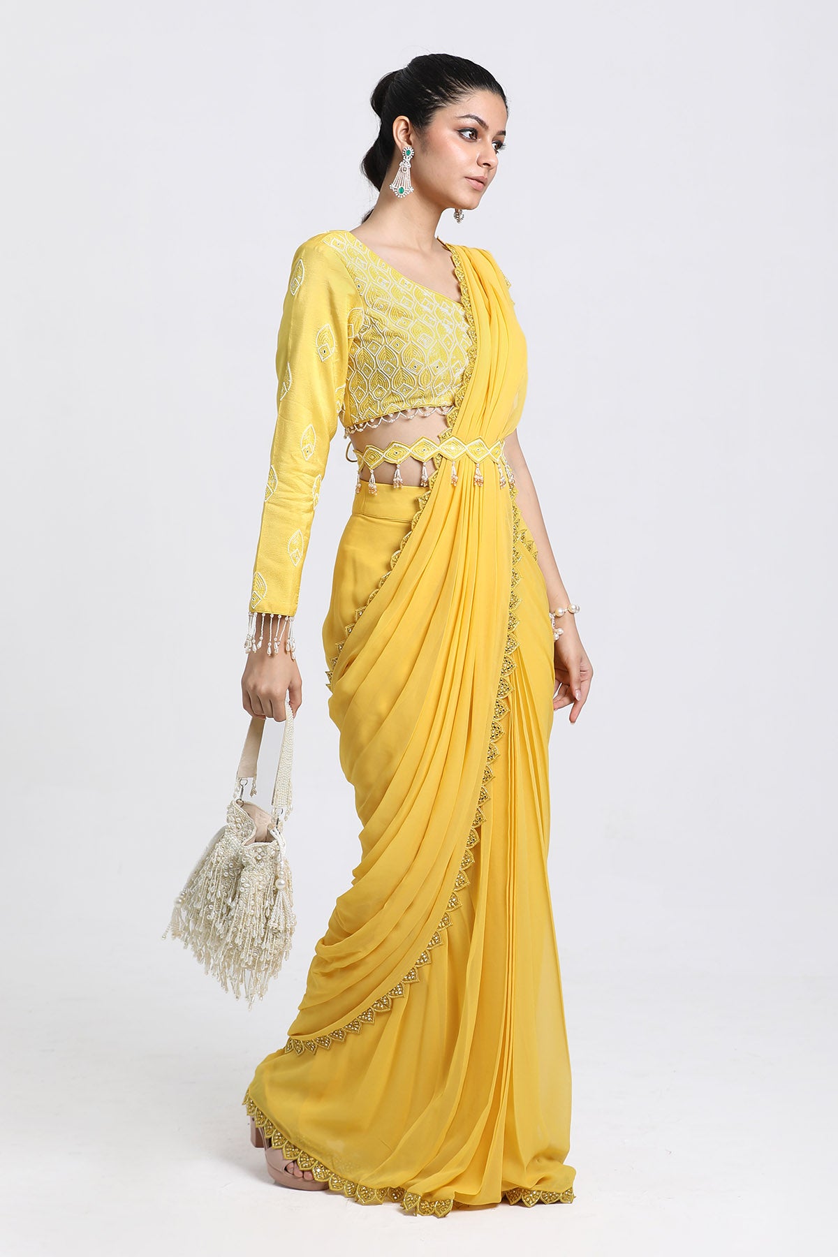 Yellow Mirror Pre-Draped Saree