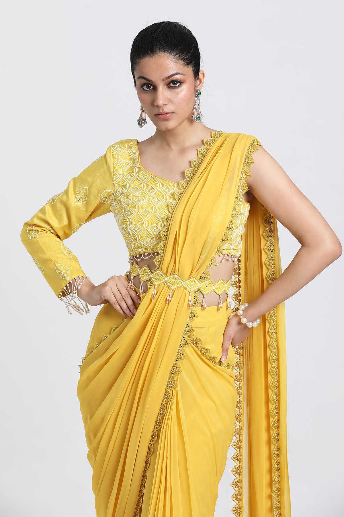 Yellow Mirror Pre-Draped Saree