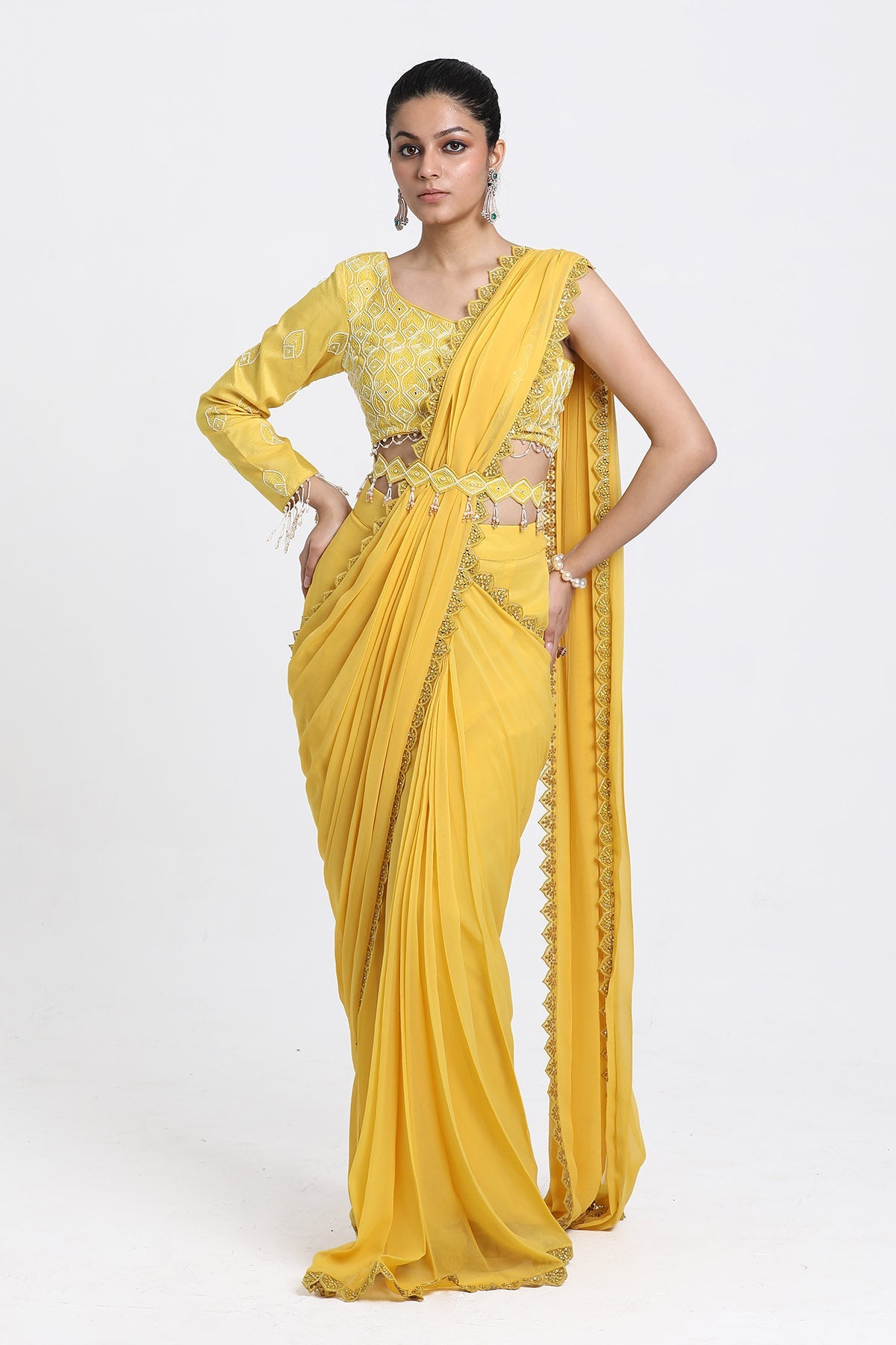 Buy Yellow Mirror Pre-Draped Saree by Nitisha Kashyapi for women online at ScrollnShops