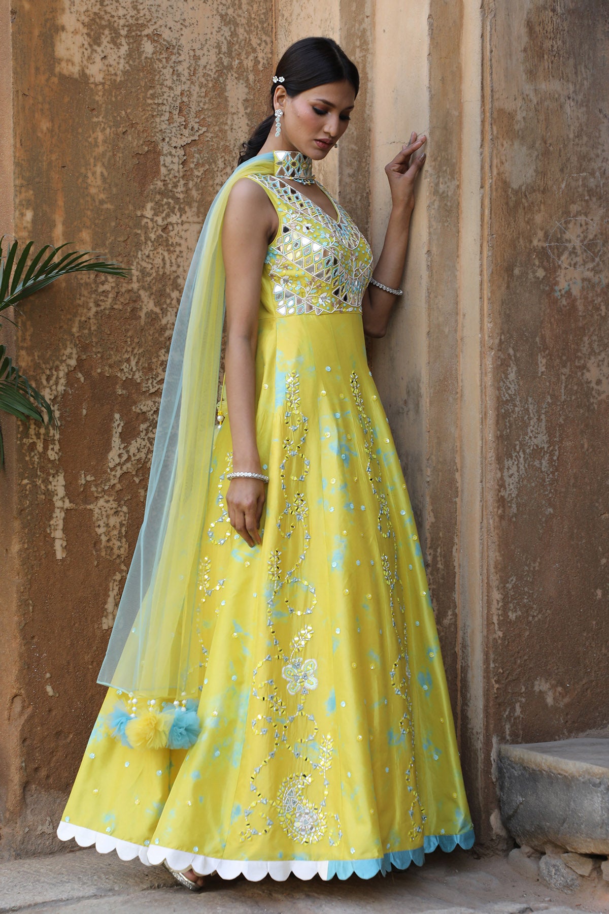 Yellow Mirror Work Anarkali Set