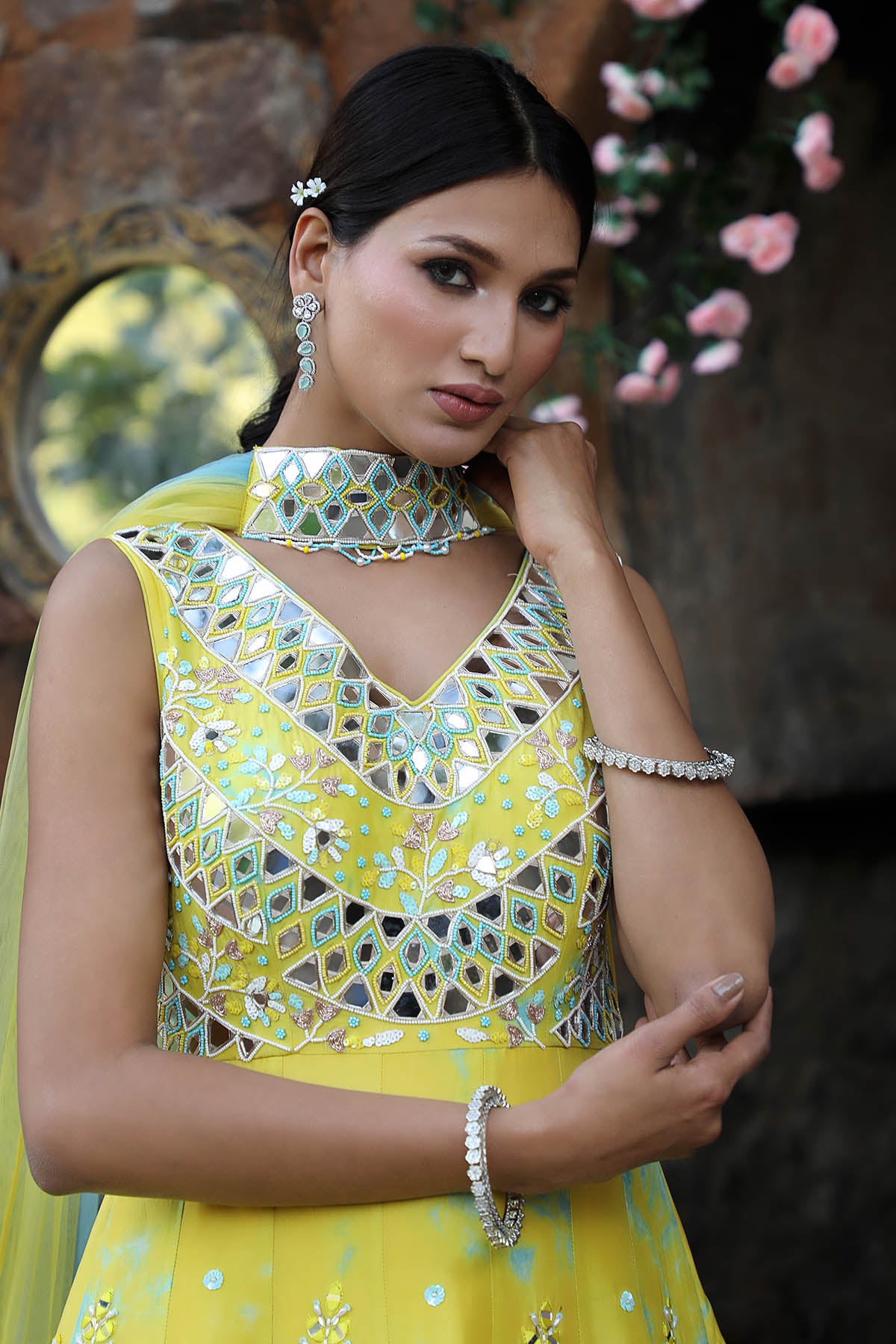 Yellow Mirror Work Anarkali Set