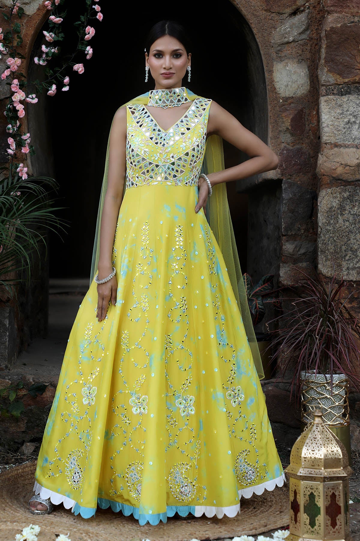 Buy Yellow Mirror Work Anarkali Set by Nitisha Kashyap for women online at ScrollnShops