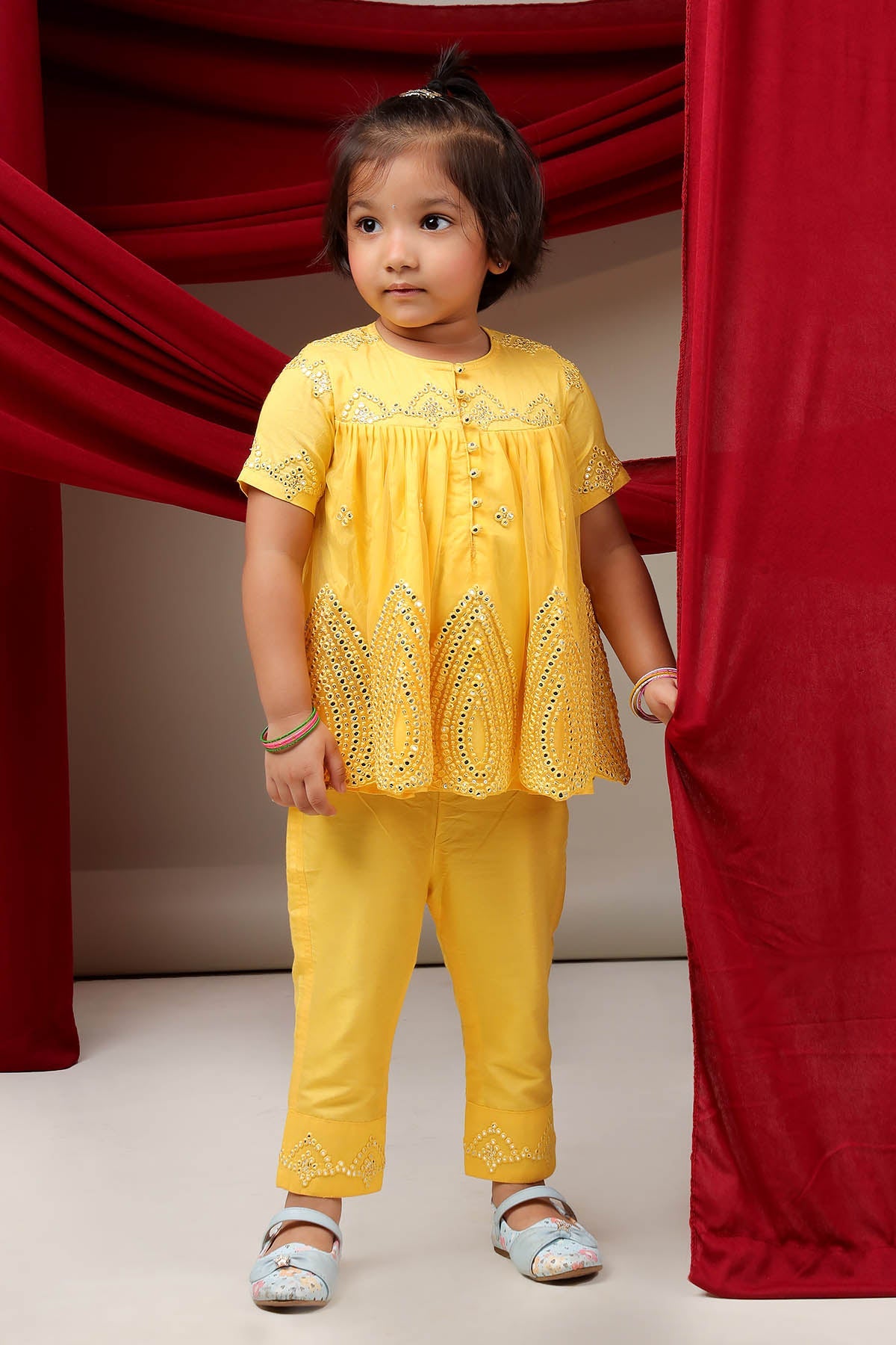 Buy Yellow Mirror Work Fusion Set for girl by Little Brats online available at scrollnshops