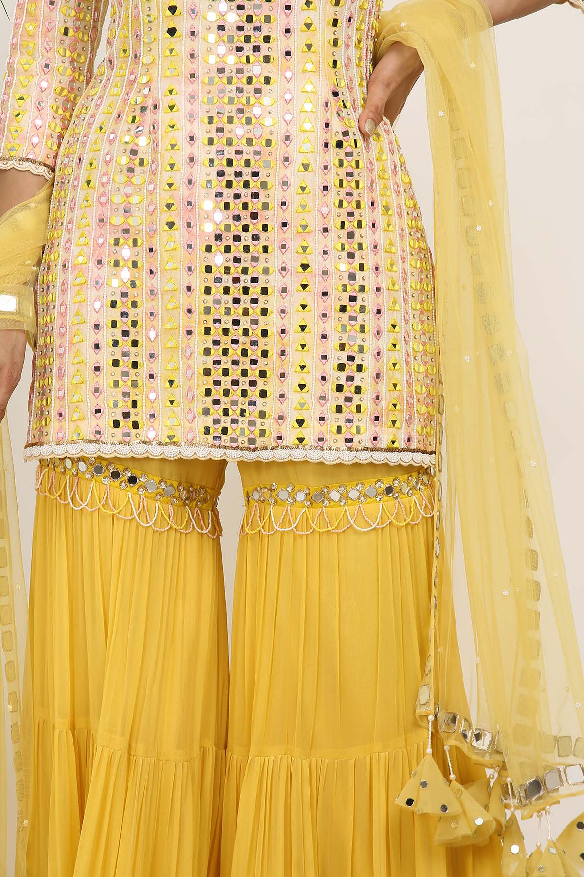 Yellow Mirror Work Gharara Set