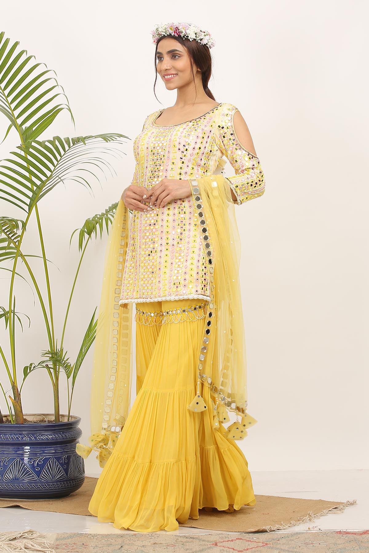 Yellow Mirror Work Gharara Set