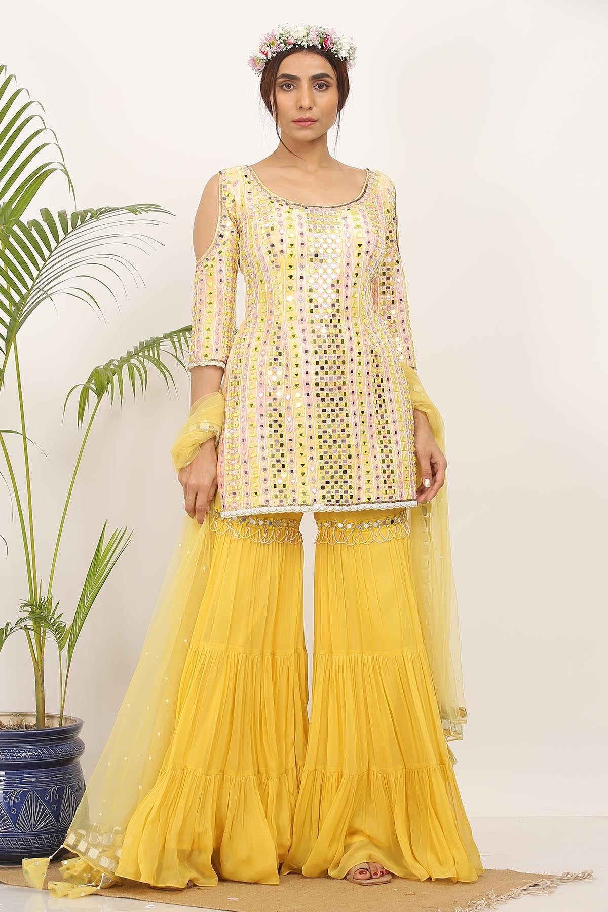 Buy Yellow Mirror Work Gharara Set by Nitisha Kashyap for women online at ScrollnShops