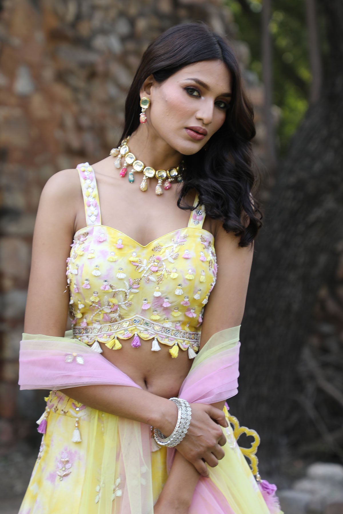 Yellow Mirror Work Lehenga Set
