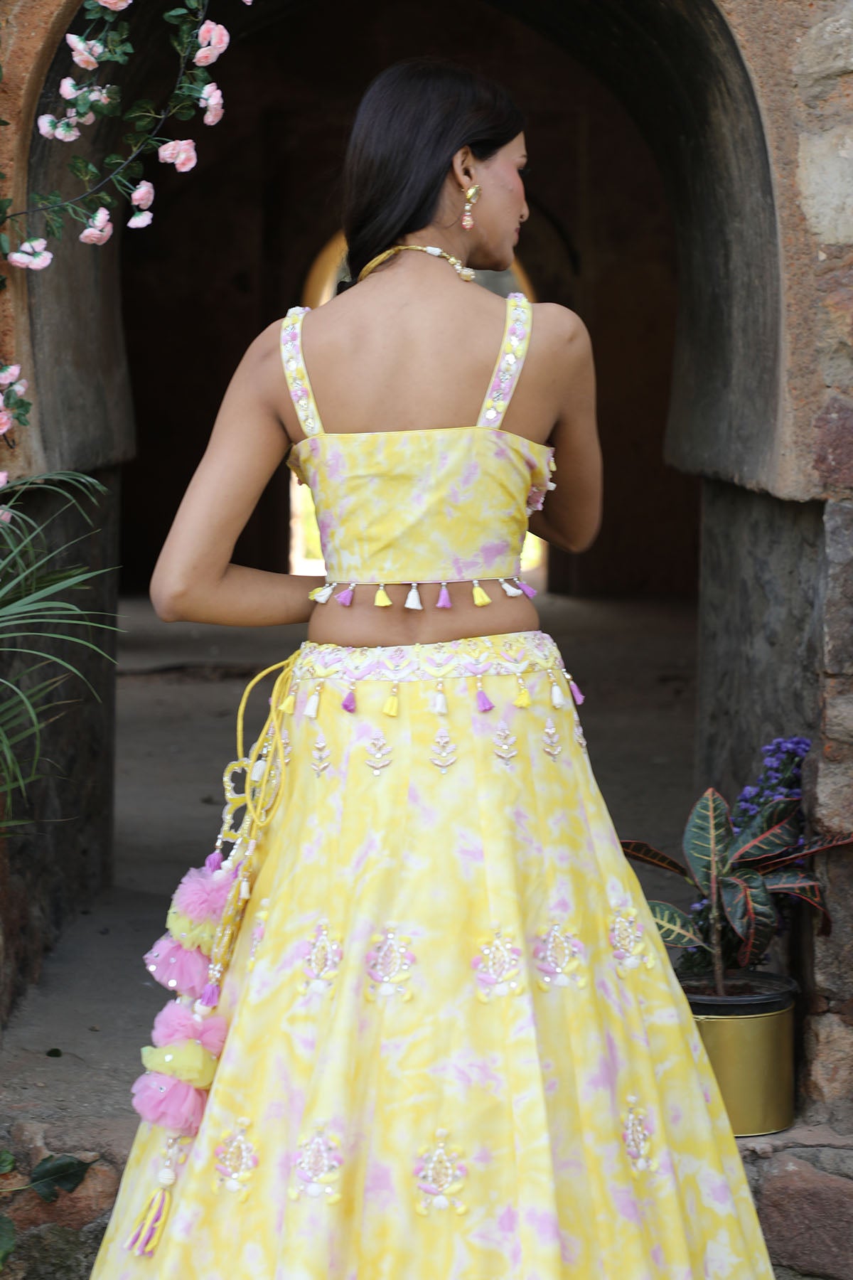 Yellow Mirror Work Lehenga Set