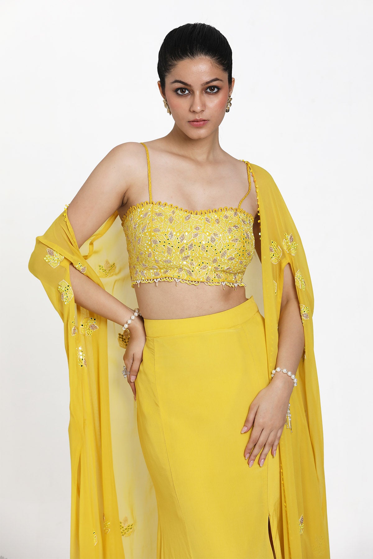 Yellow Mirror Work Skirt Set