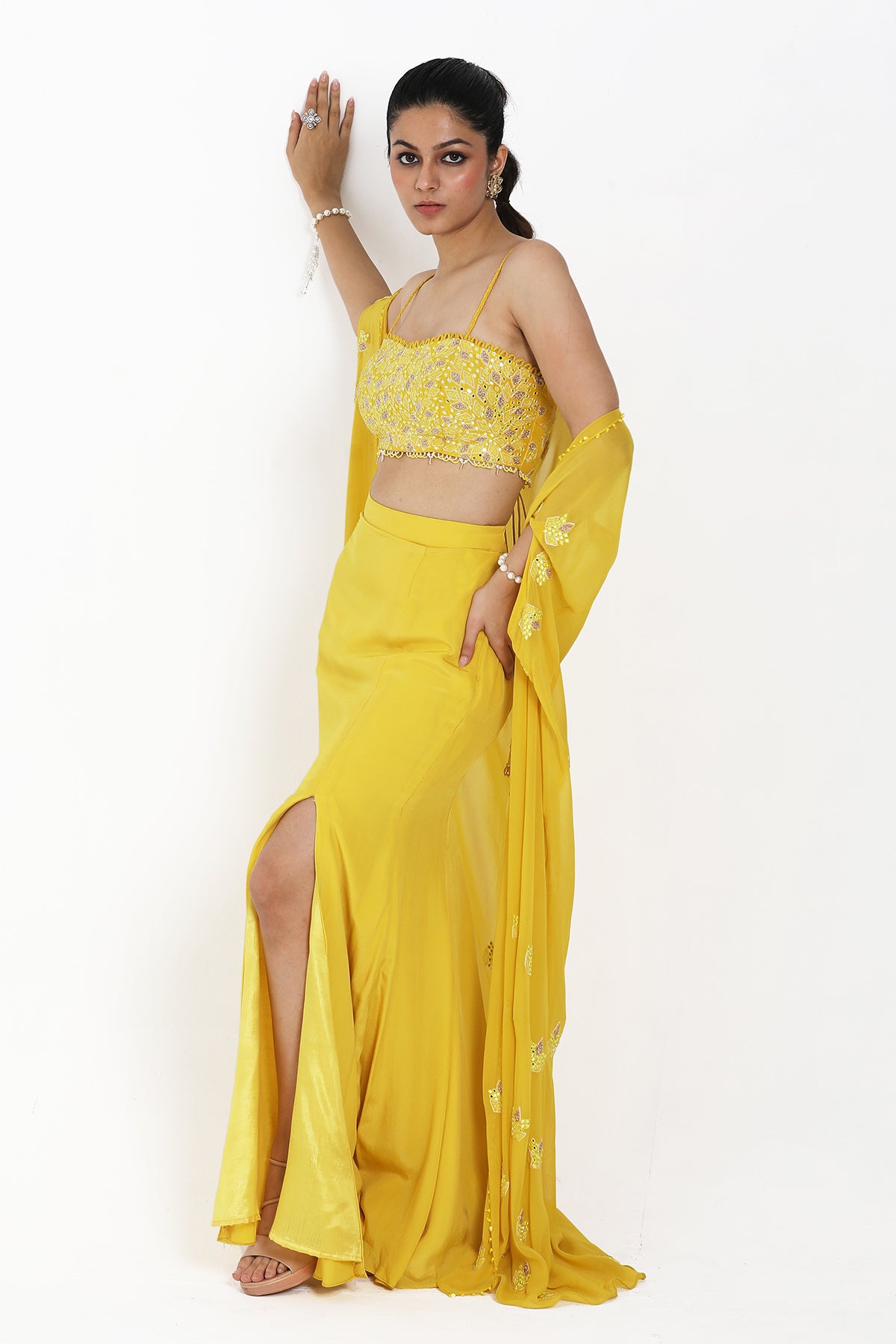Yellow Mirror Work Skirt Set