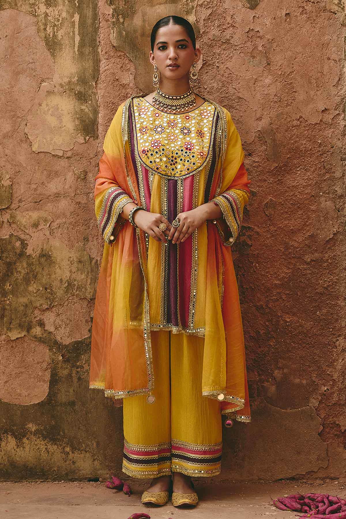 Buy Yellow Mirror Yoke Kurta Set for women by Ajiesh Oberoi online available at scrollnshops