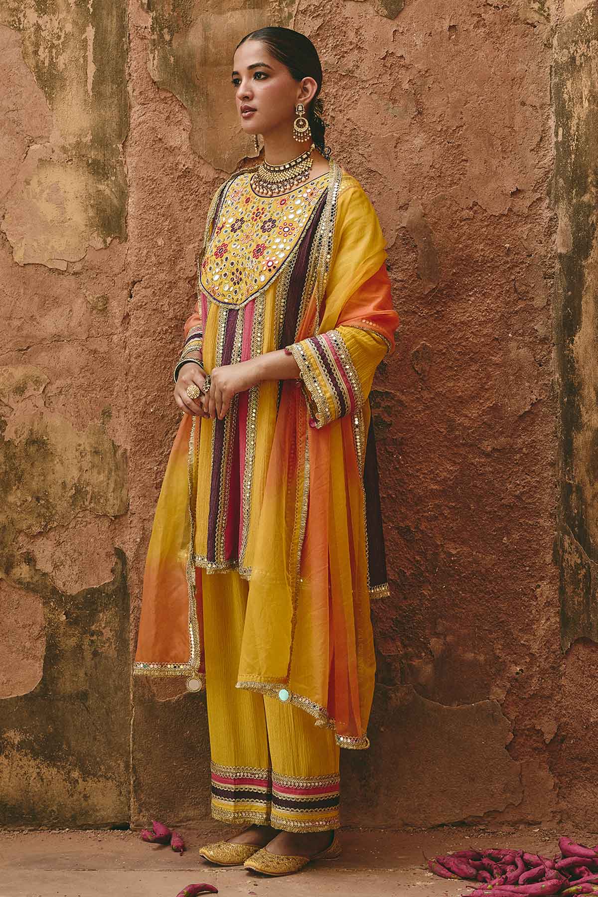Yellow Mirror Yoke Kurta Set