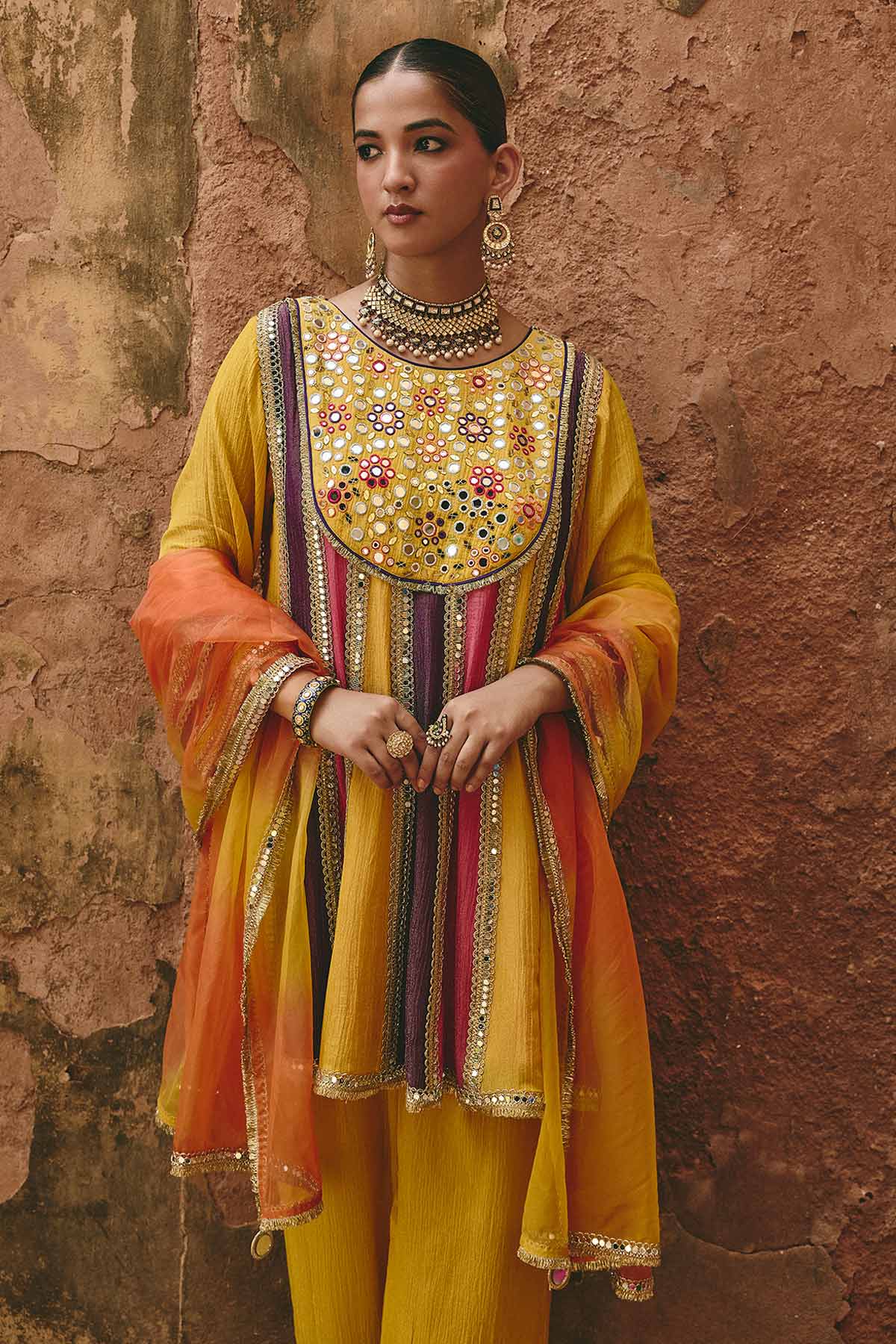 Yellow Mirror Yoke Kurta Set