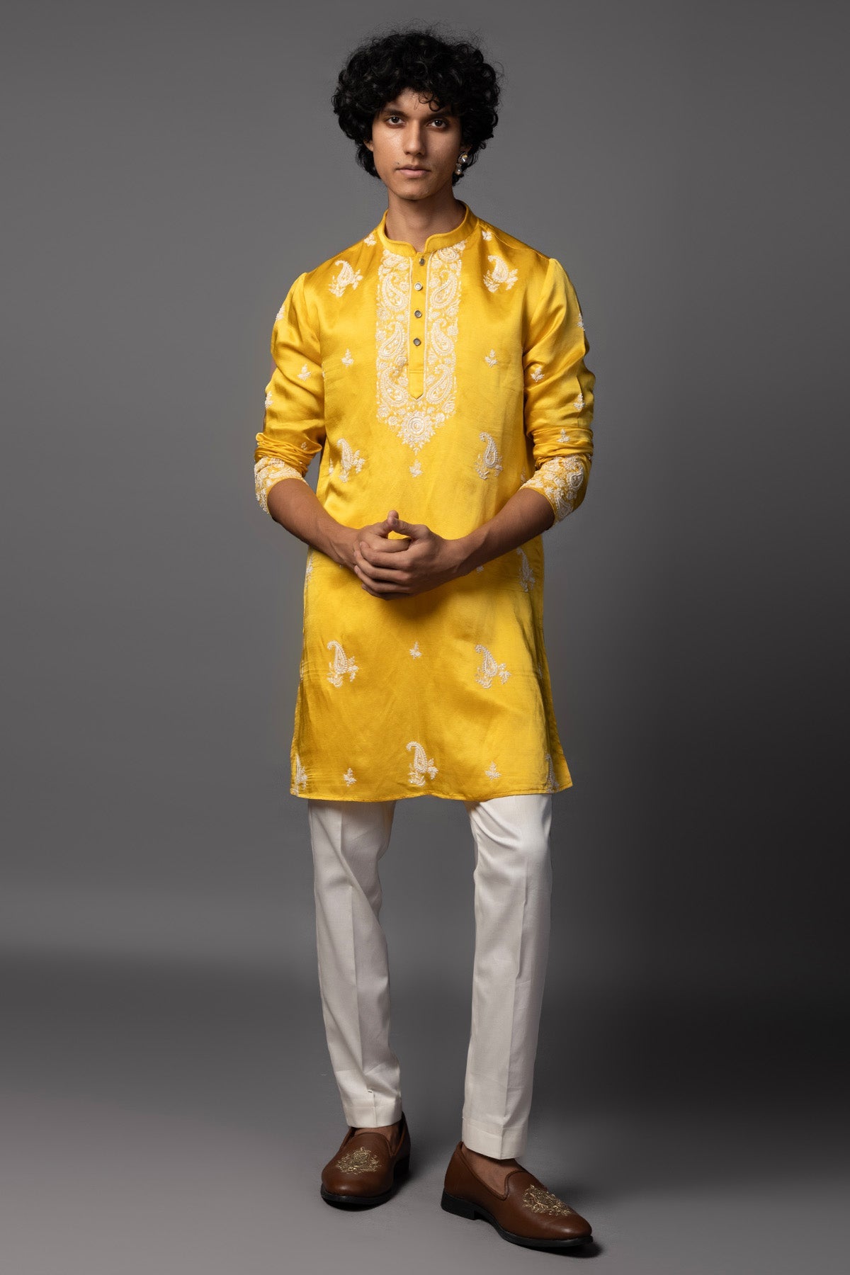 Buy Yellow Moti & Thread Kurta Set for men by Paarsh Atelier online available at scrollnshops