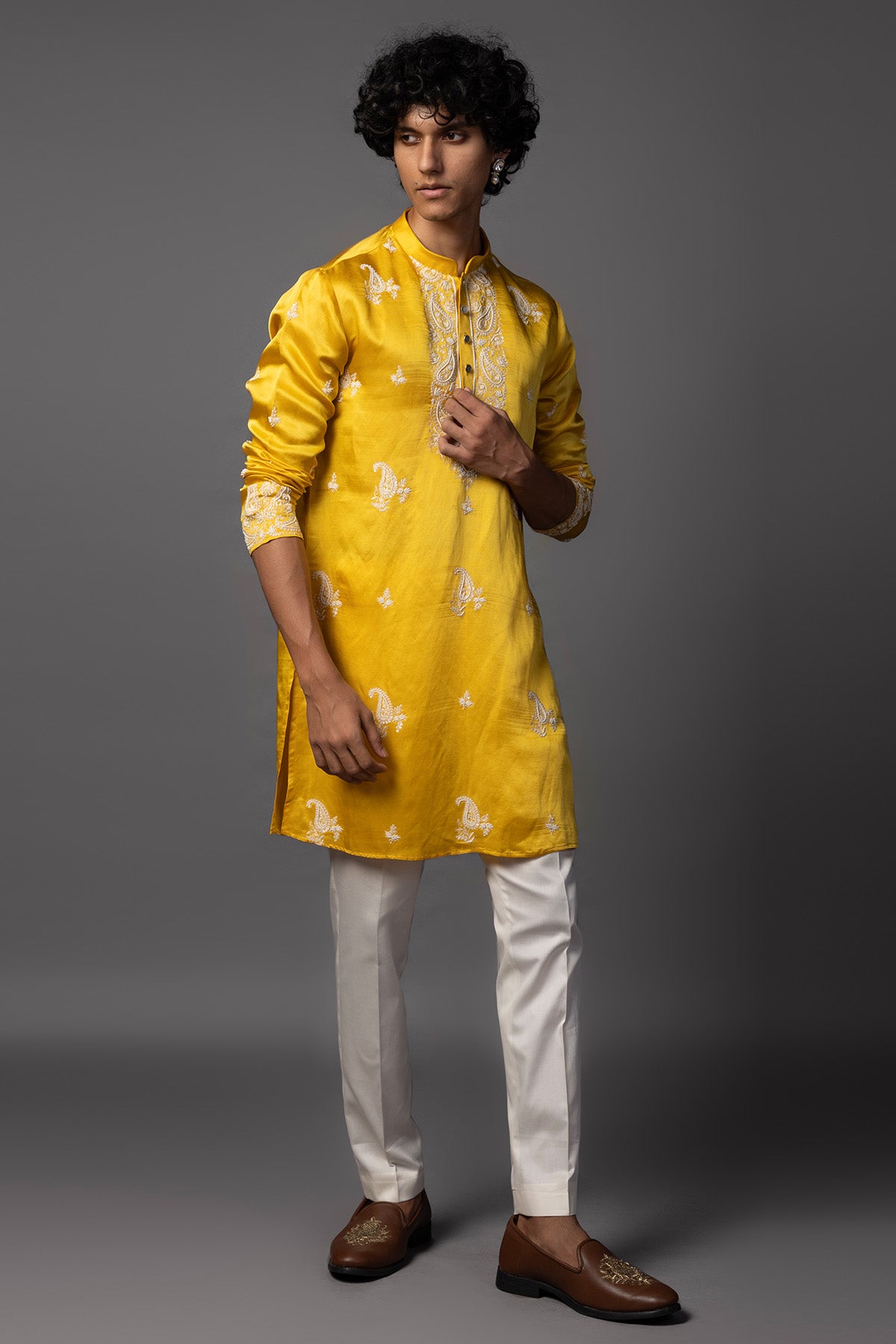 Yellow Moti & Thread Kurta Set