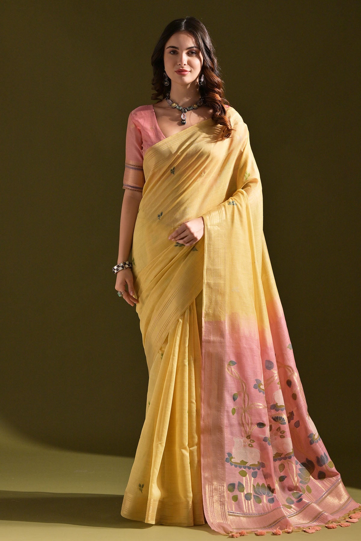 Buy Yellow Muga Cotton Floral Saree by Lili Lala for women online at ScrollnShops