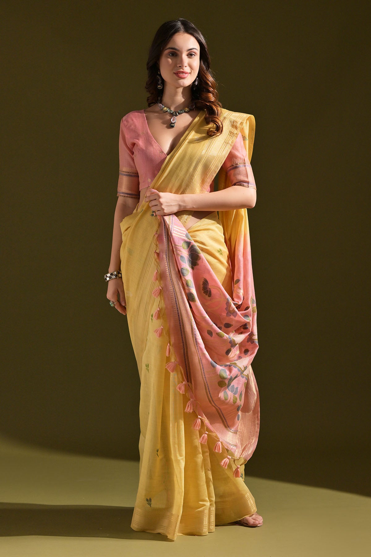 Yellow Muga Cotton Floral Saree