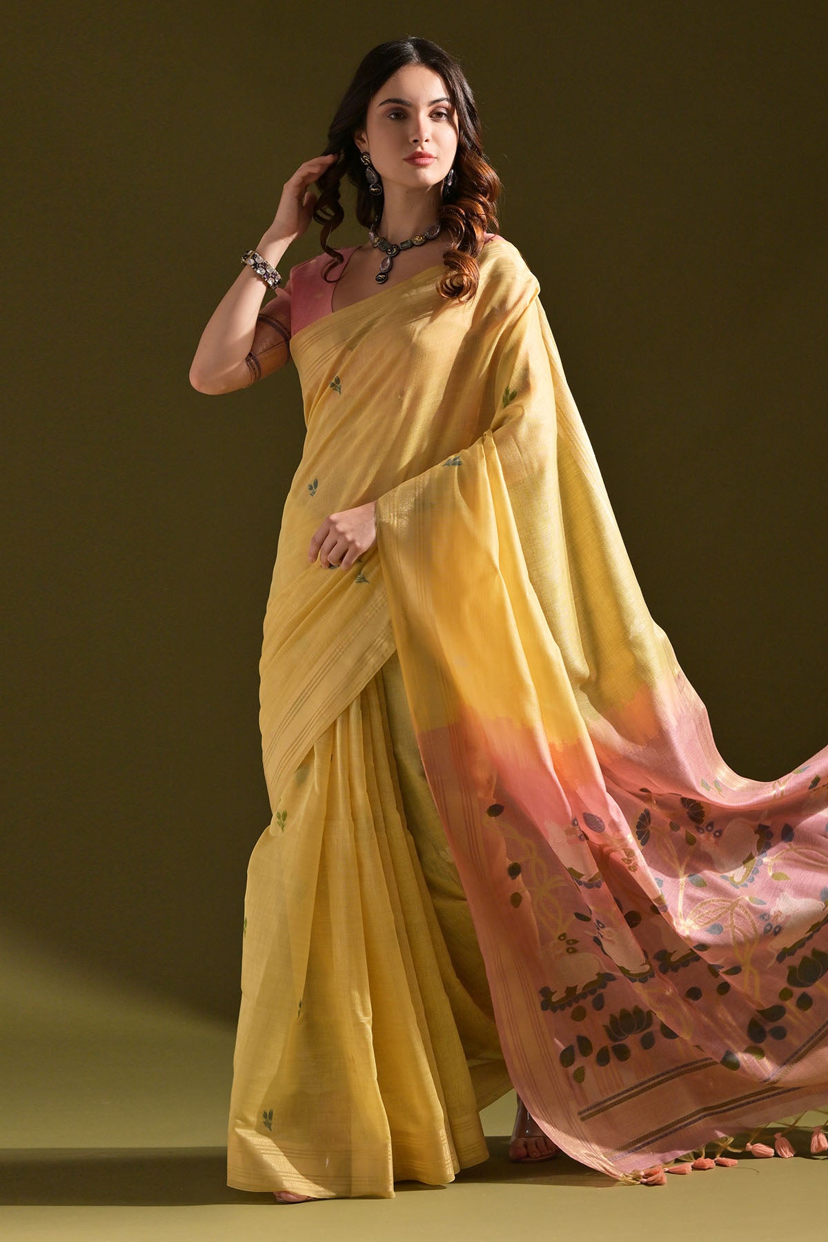 Yellow Muga Cotton Floral Saree