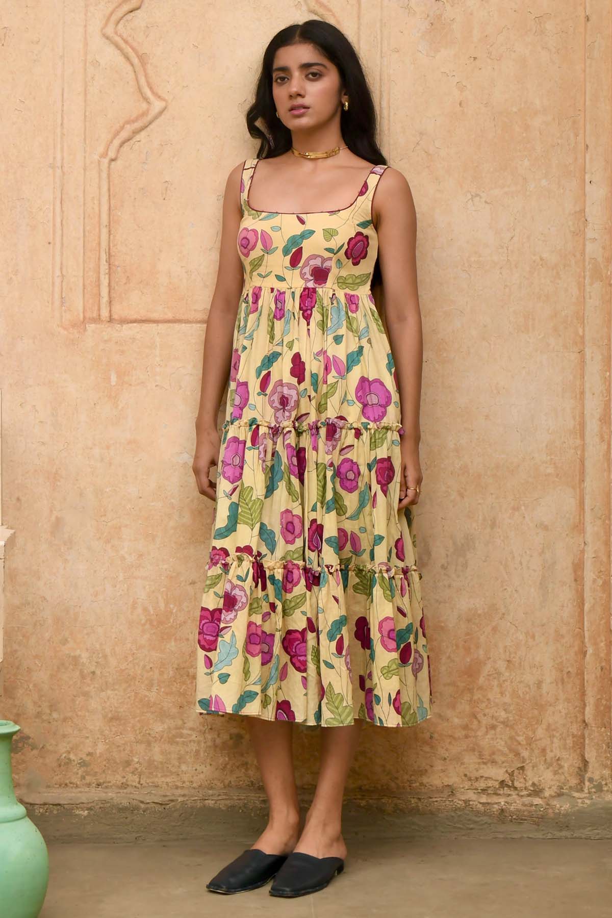 Yellow Mulmul Beads Work Dress