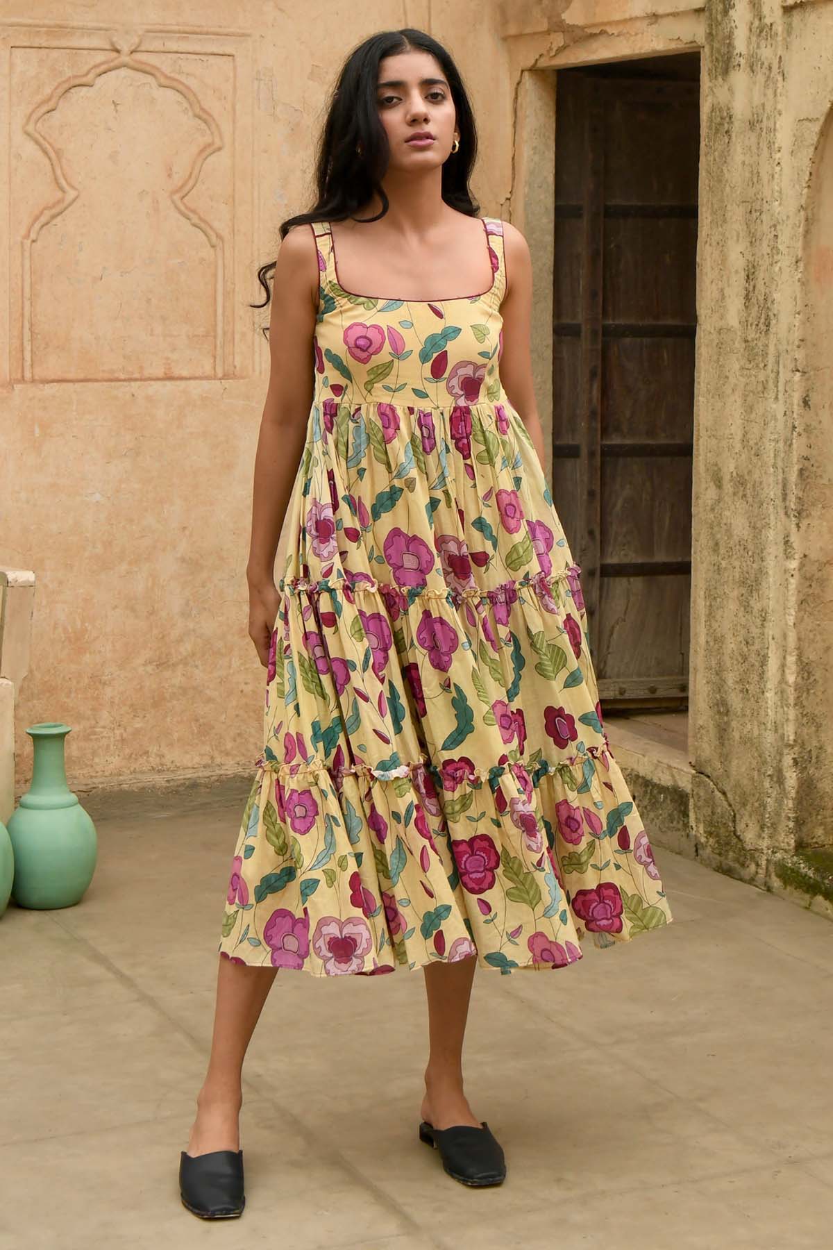 Yellow Mulmul Beads Work Dress