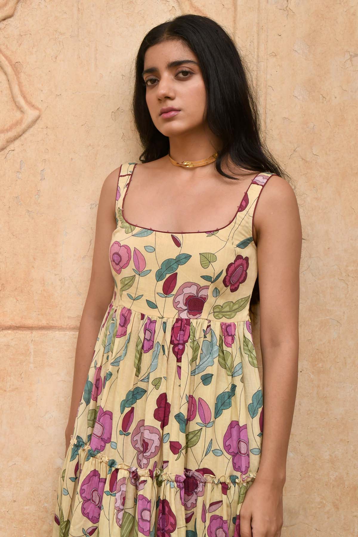 Yellow Mulmul Beads Work Dress