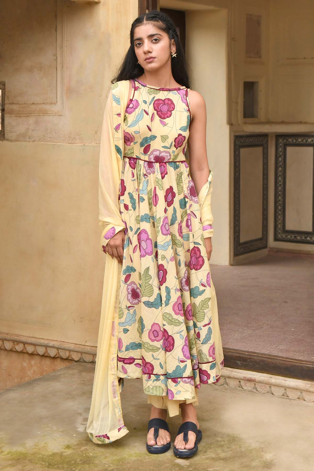 Yellow Mulmul Printed Kurta Set