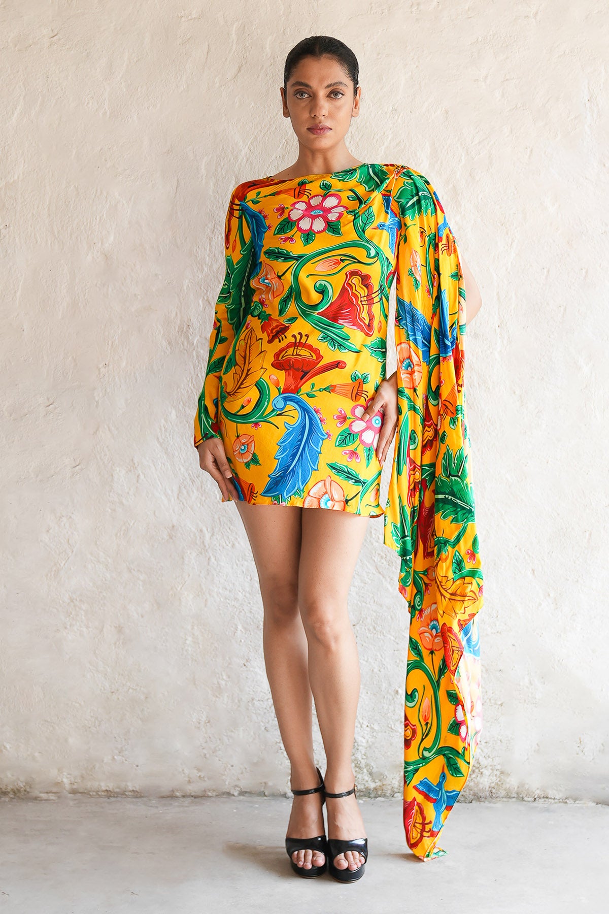 Yellow Mulmul Printed Mini Dress