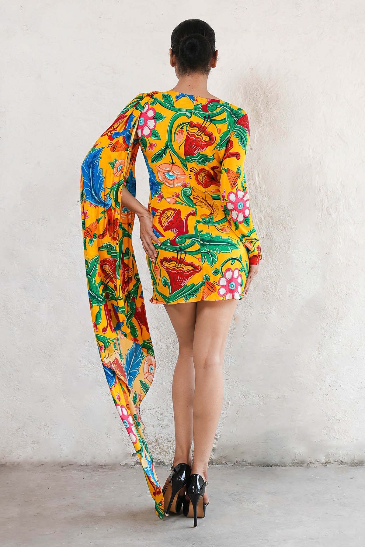 Yellow Mulmul Printed Mini Dress