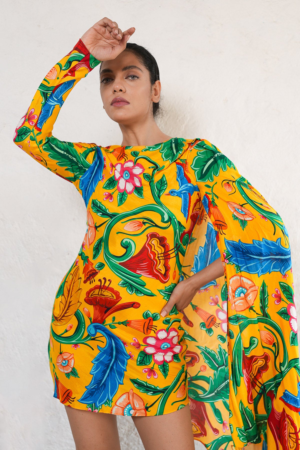 Yellow Mulmul Printed Mini Dress