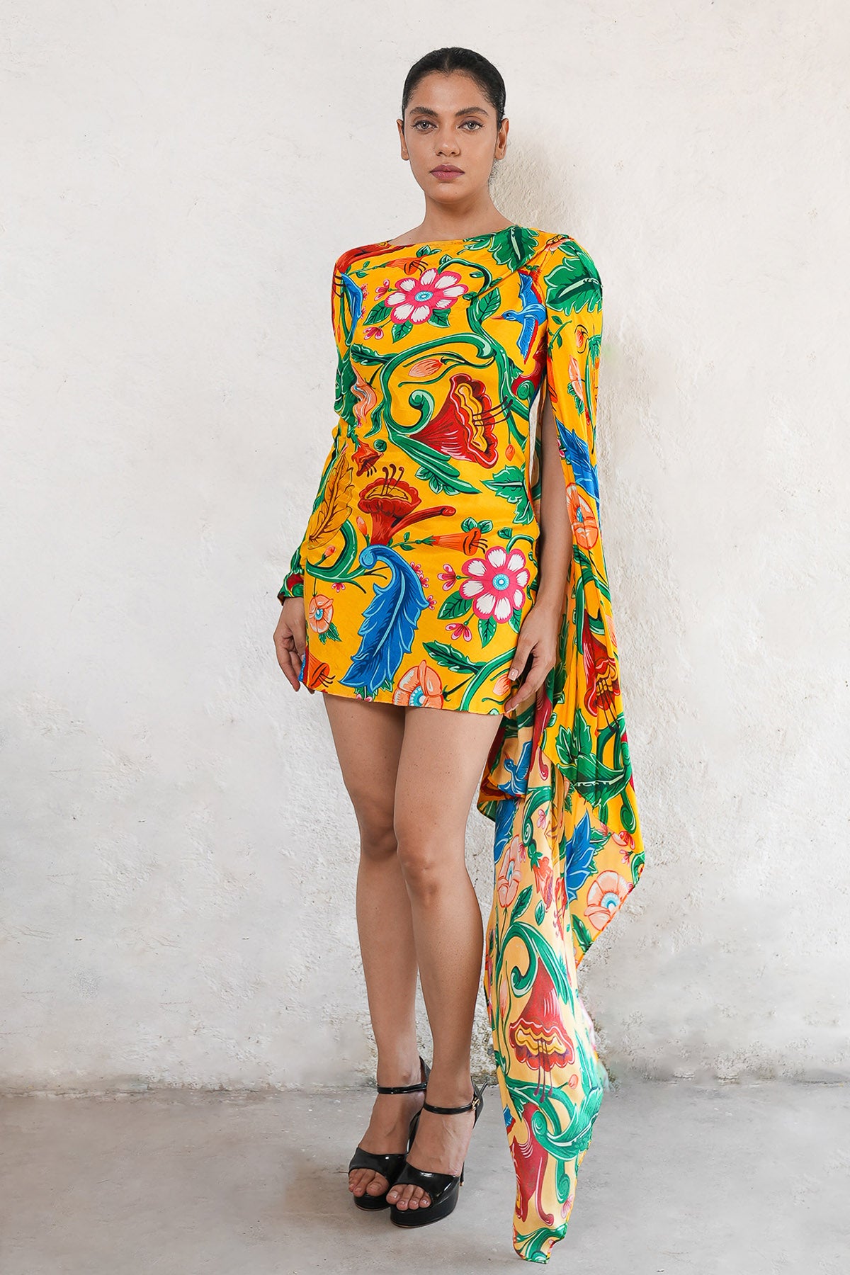 Yellow Mulmul Printed Mini Dress