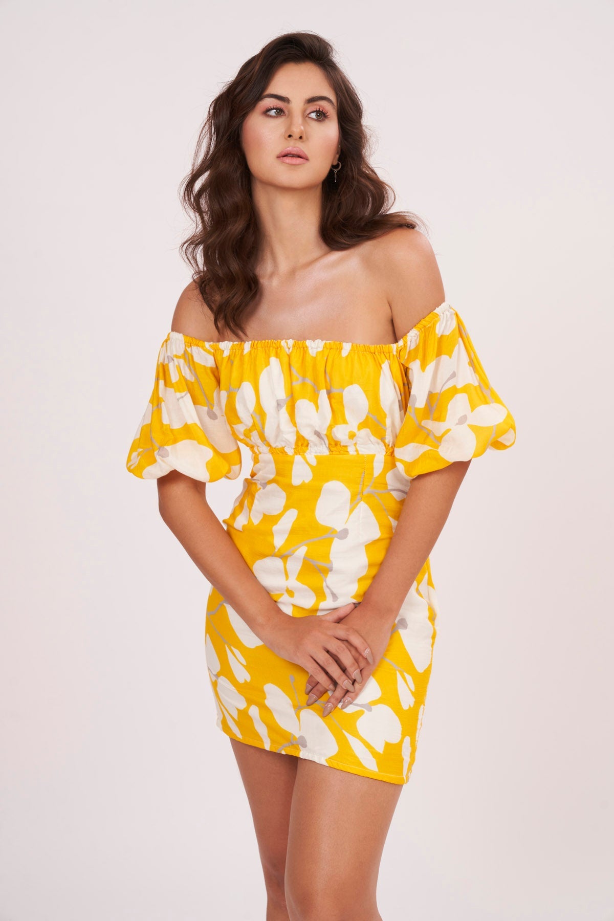 Buy Designer Yellow Muslin Floral Print Dress for Women Online