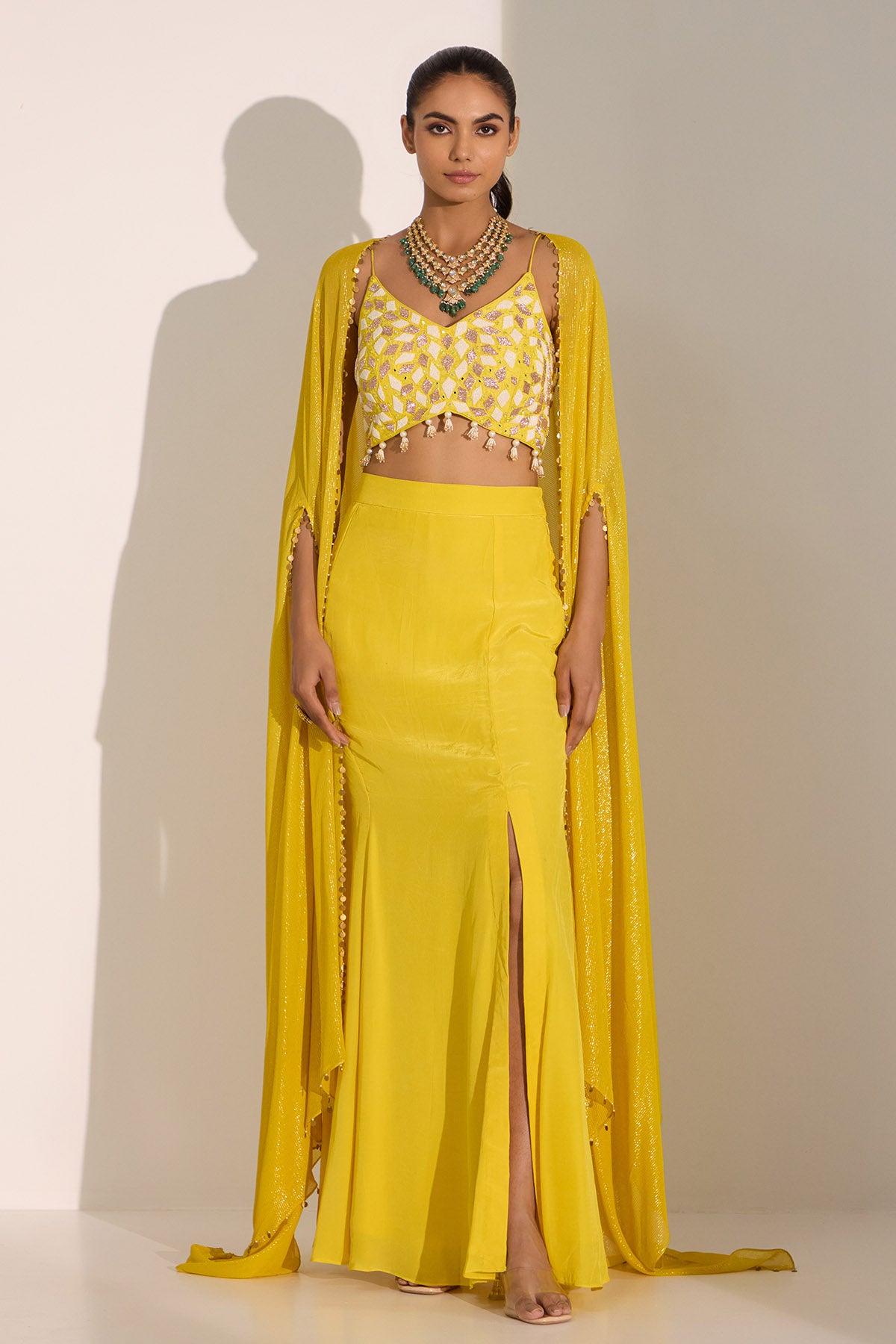 Yellow Nakshi Work Cape Set