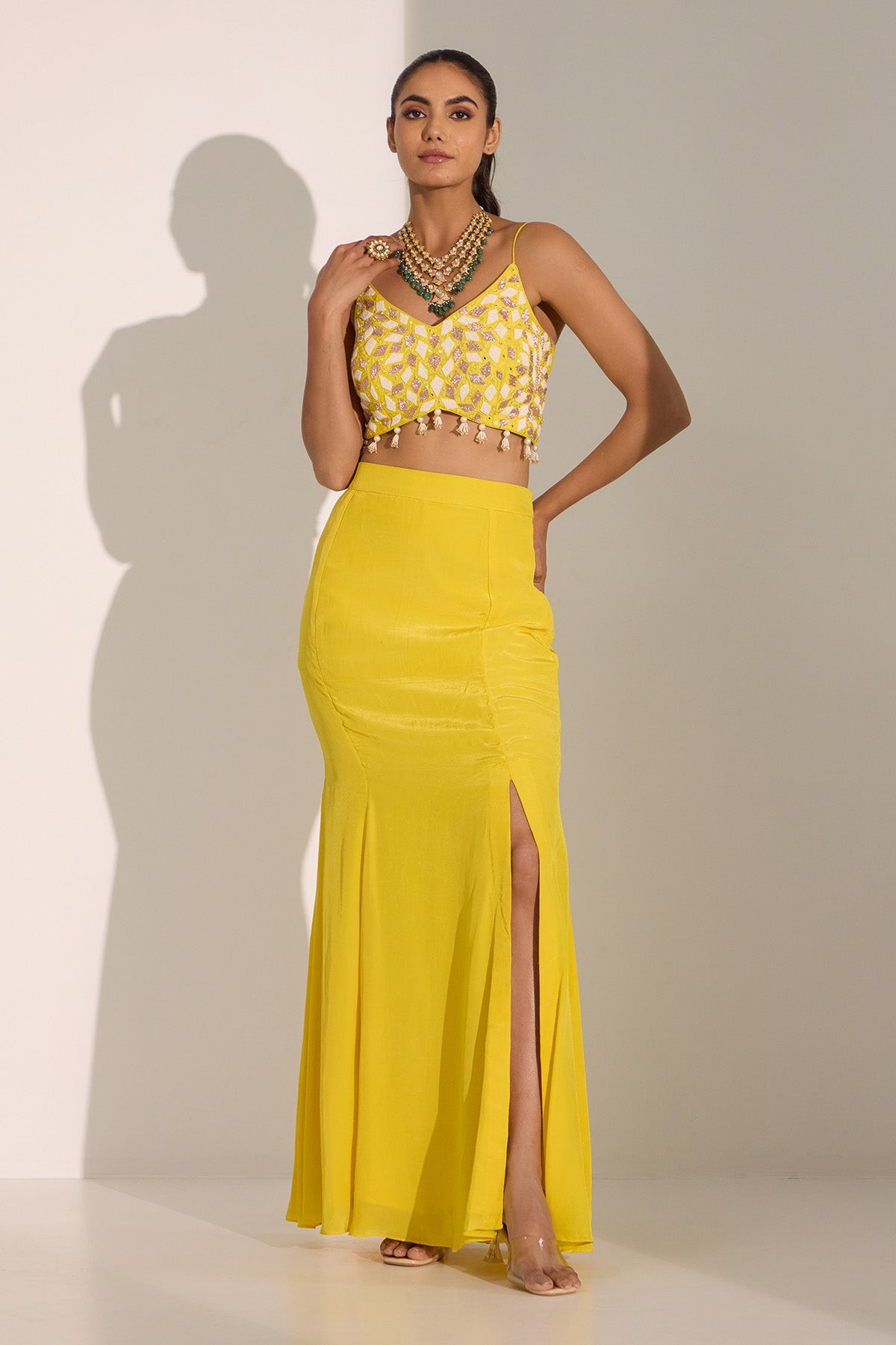 Yellow Nakshi Work Cape Set