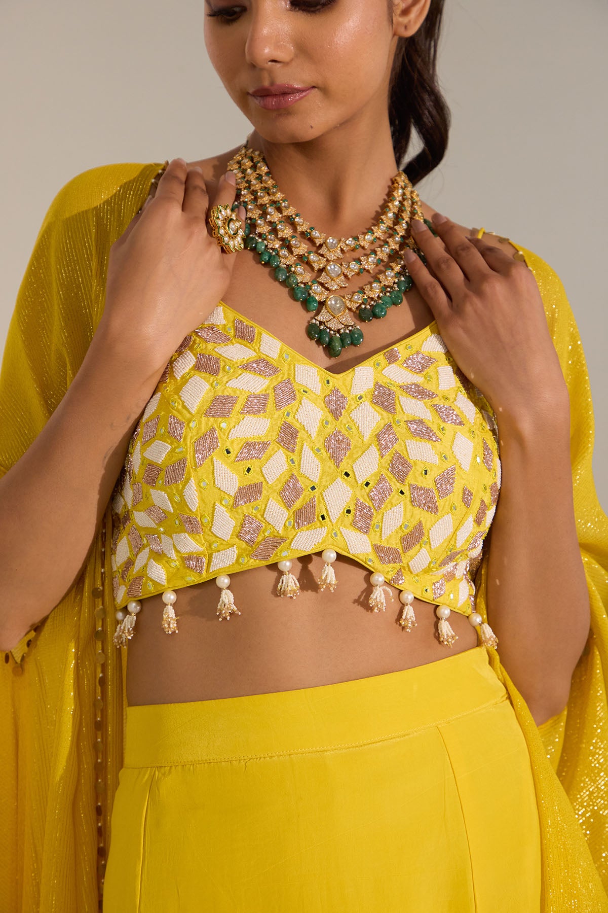 Yellow Nakshi Work Cape Set