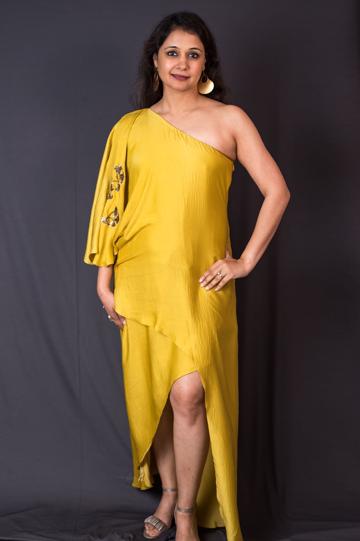 Yellow One Shoulder Silk Dress