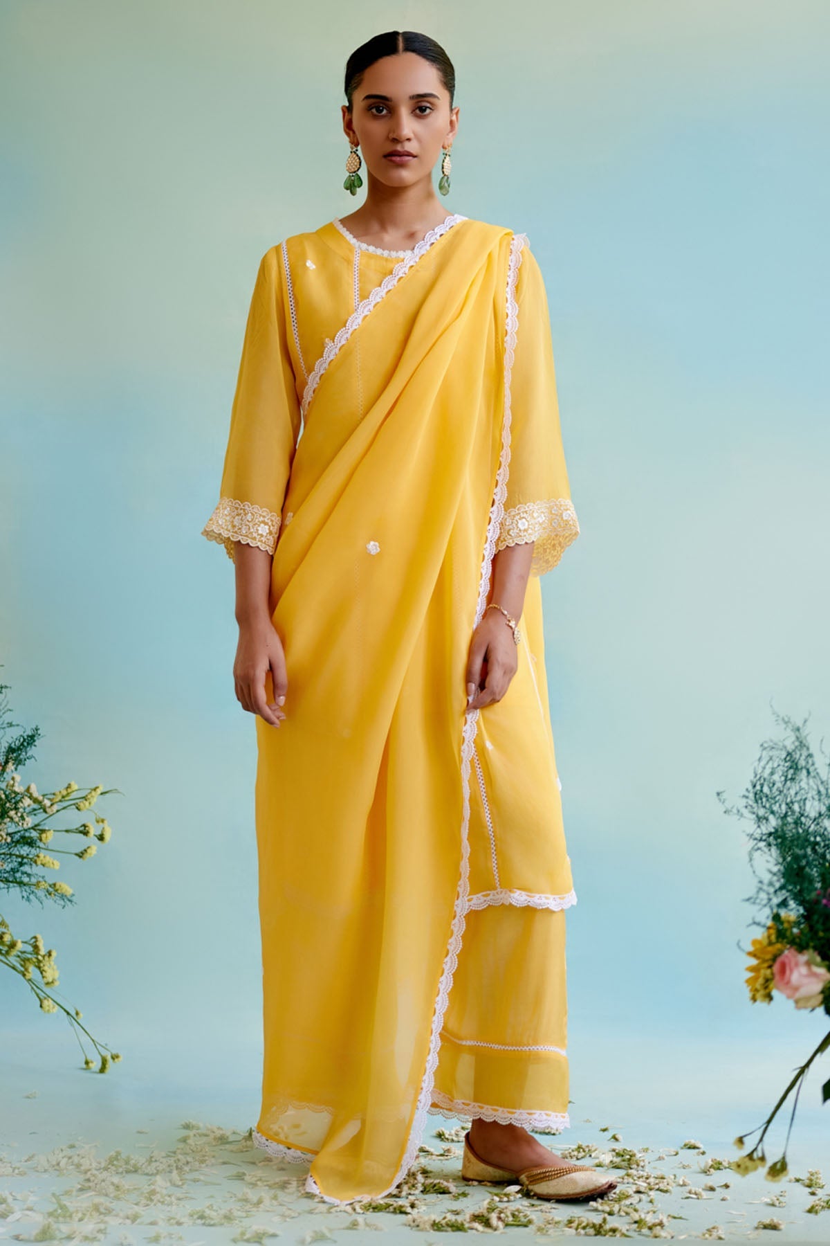 Nero Yellow Organza Anarkali Kurta for women at ScrollnShops