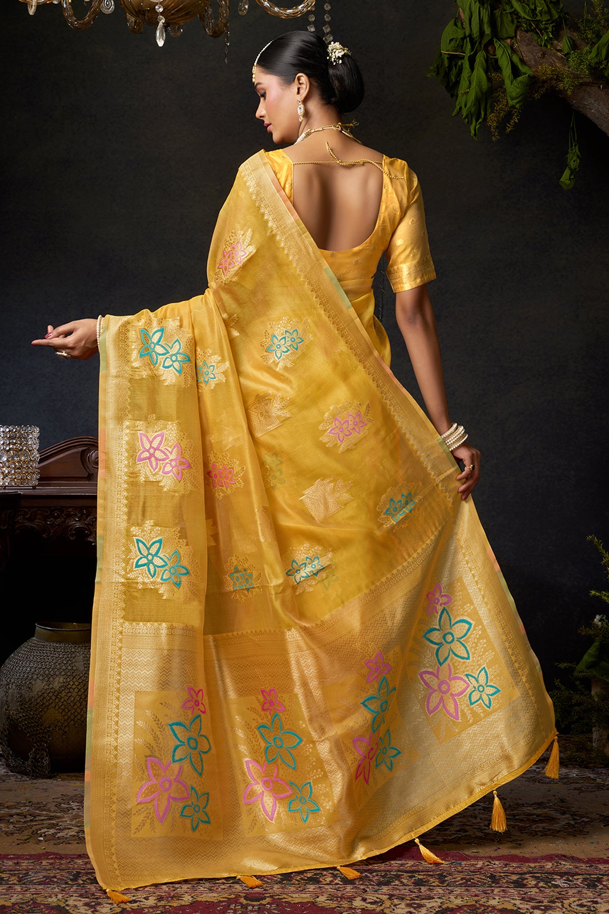 Yellow Organza Khadi Zari Saree