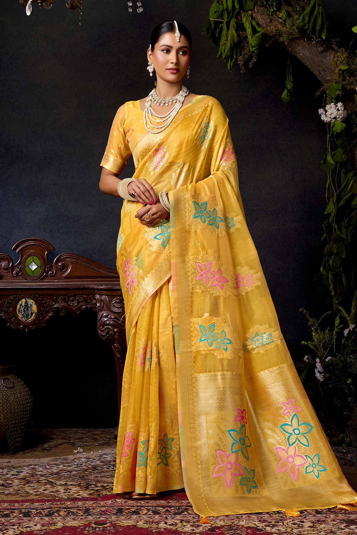 Buy Yellow Organza Khadi Zari Saree for women by Jyoti Fashion online available at scrollnshops