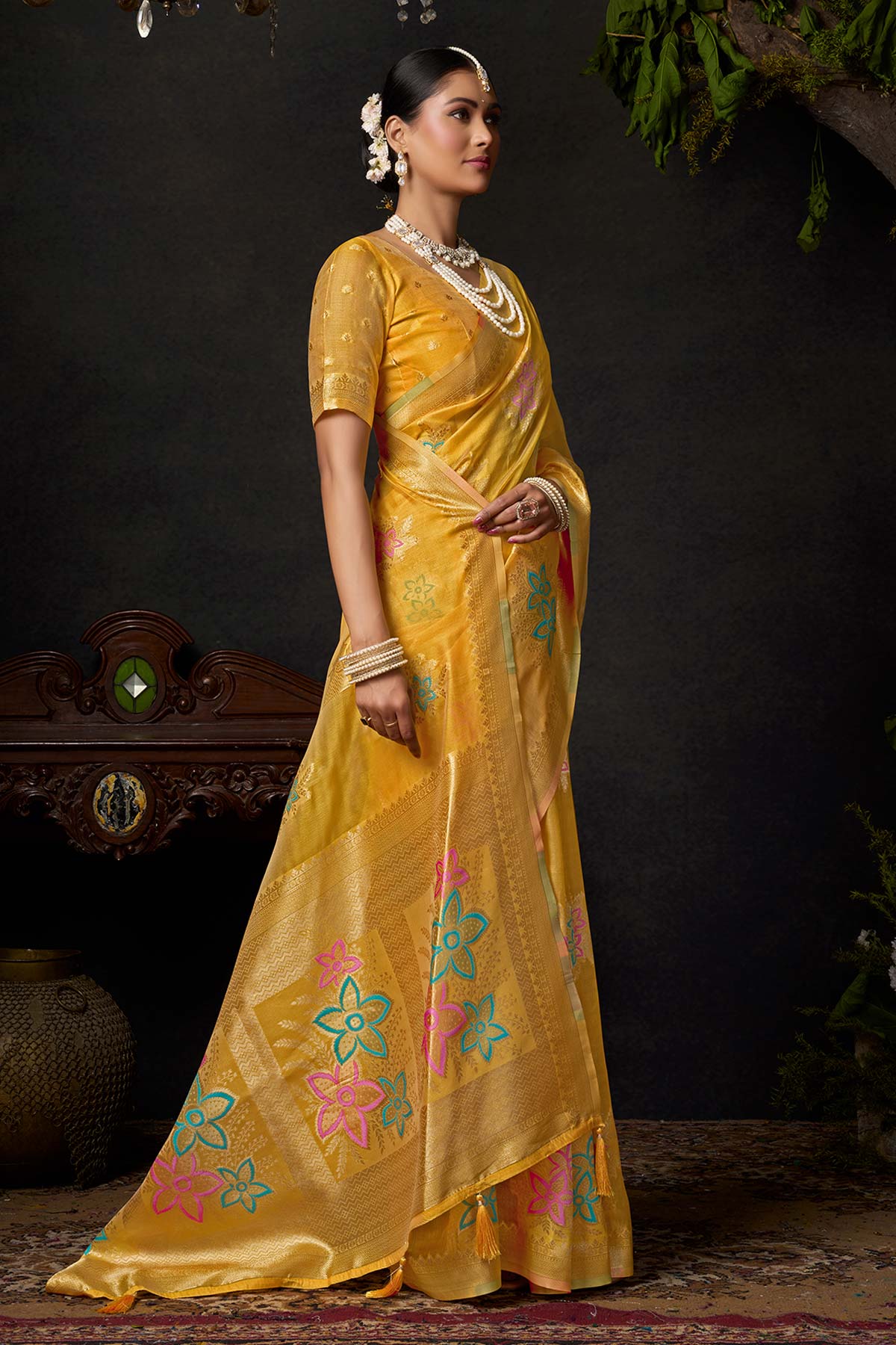 Yellow Organza Khadi Zari Saree