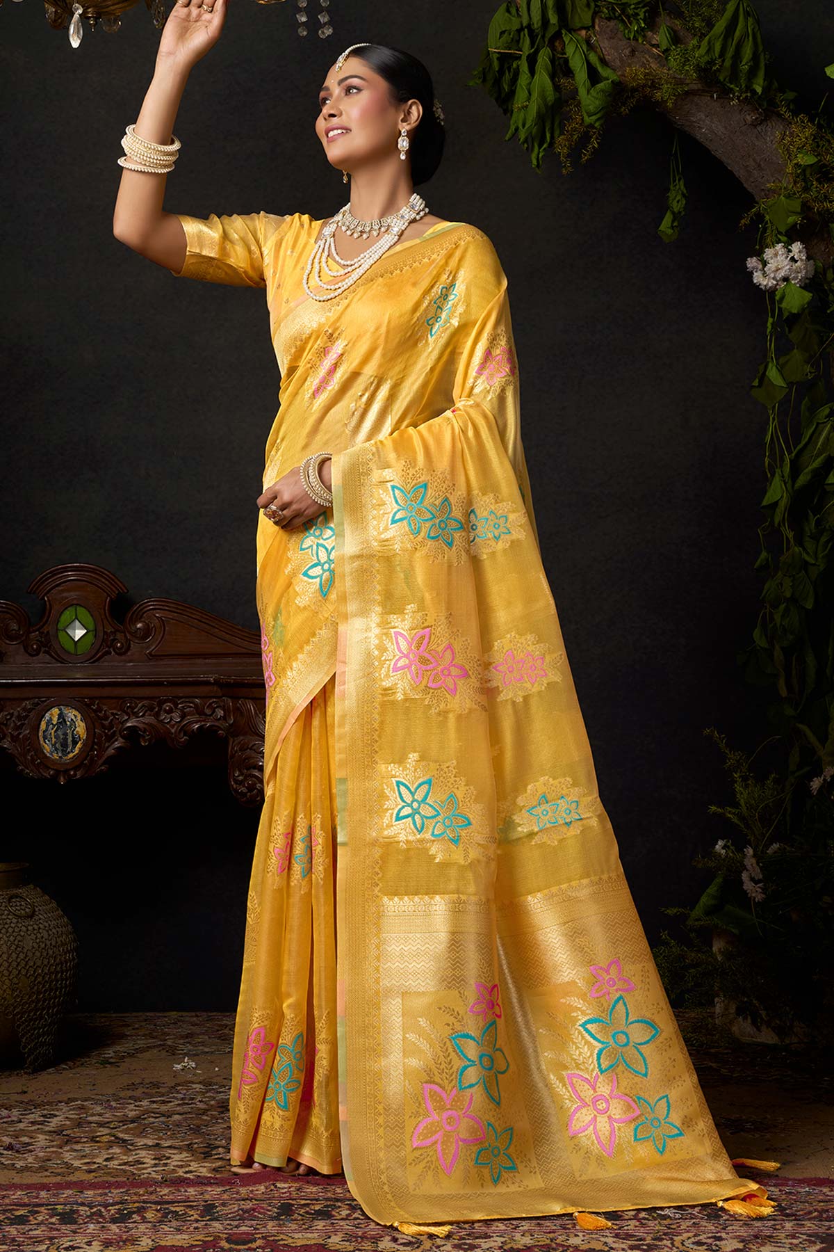 Yellow Organza Khadi Zari Saree