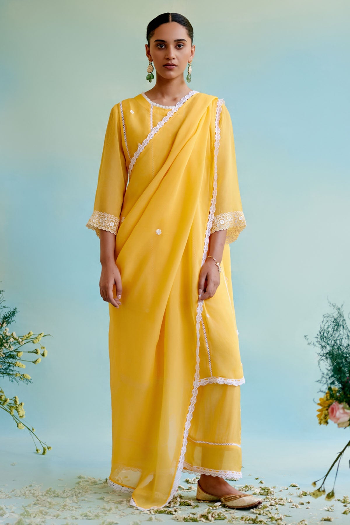 Nero Yellow Organza Lace Dupatta Accessories online at ScrollnShops