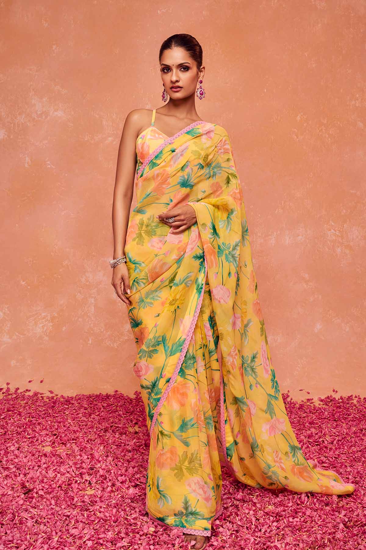 Buy Yellow Organza Printed Saree by Dohr India for women online at ScrollnShops