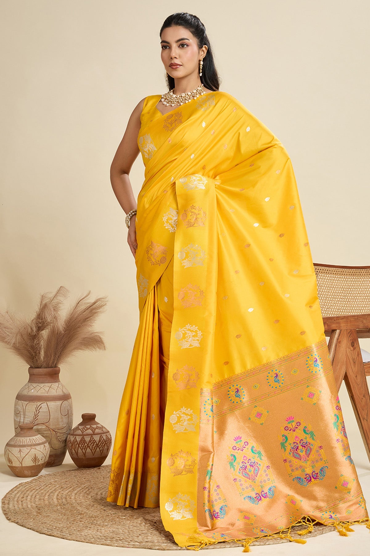 Buy Yellow Paithani Saree & Blouse for Women Online available at ScrollnShops