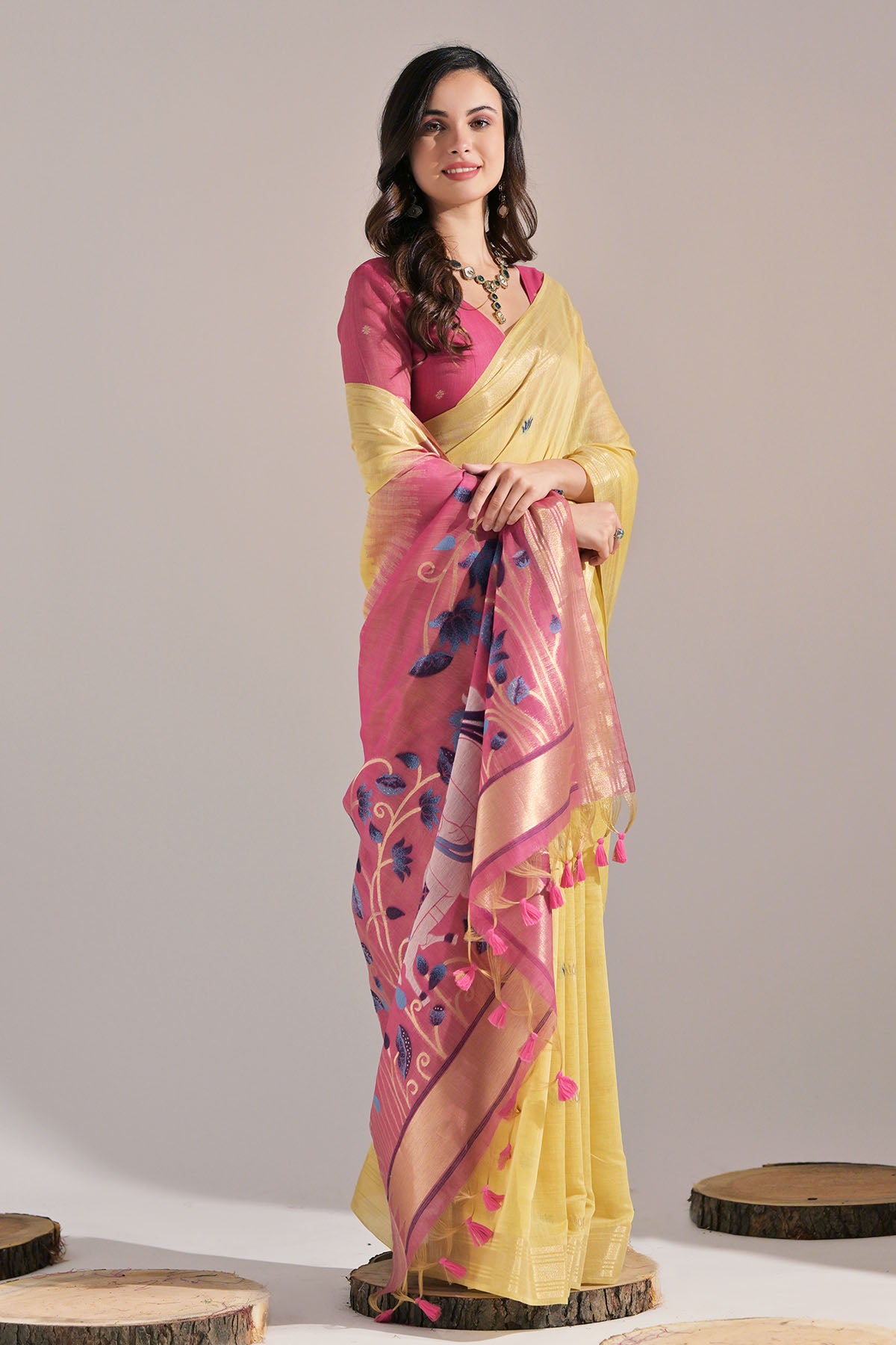 Yellow Peacock Thread Work Saree