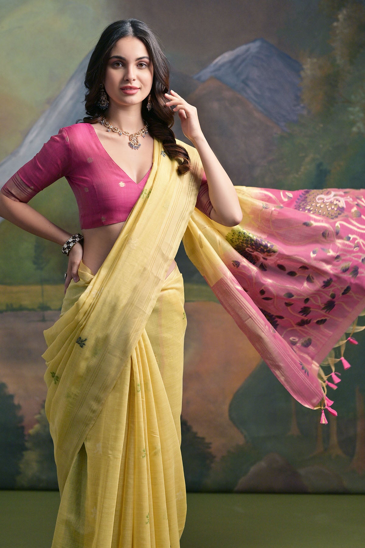 Yellow Peacock Thread Work Saree