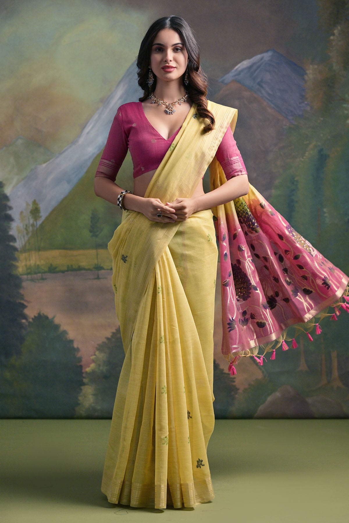 Yellow Peacock Thread Work Saree
